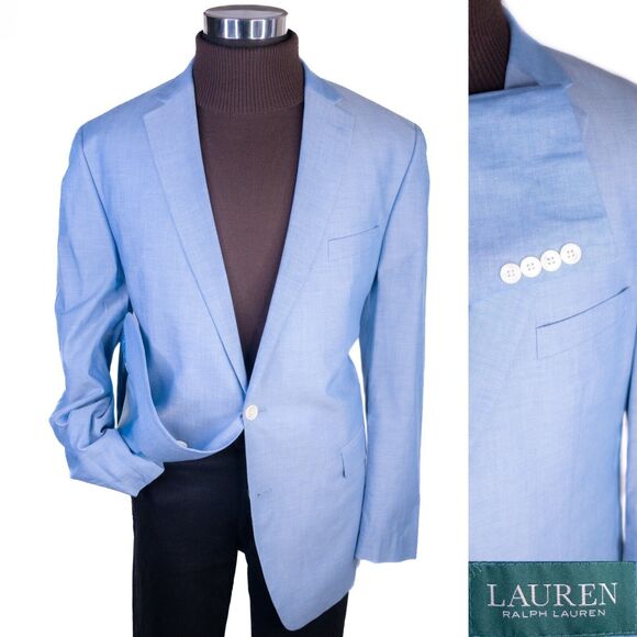 Lauren Ralph Lauren Sport Coat Jacket Blazer Blue Solid Sz 46L Cotton Two Button